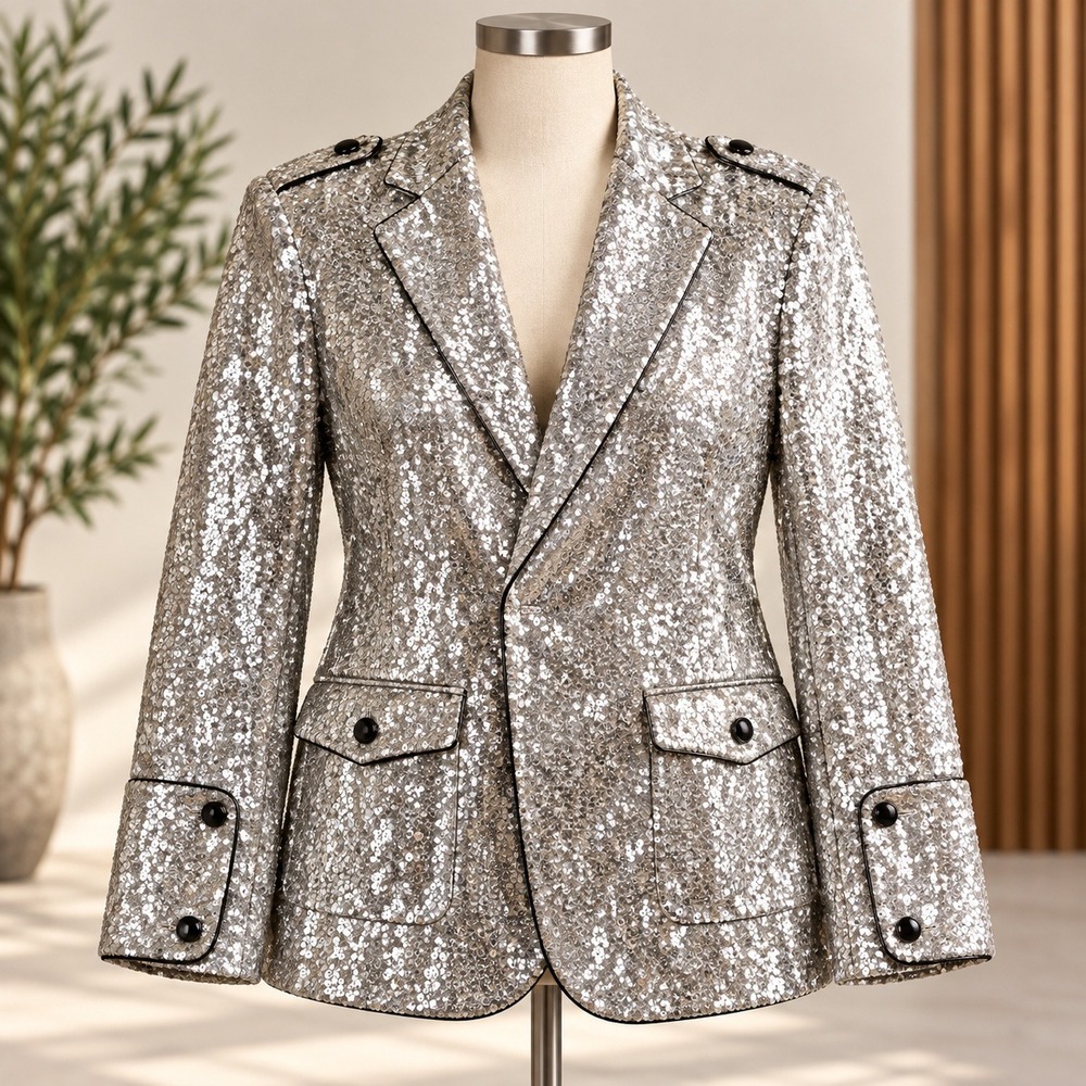 NWT iEFIEL Sequin Blazer Mens 2XL Silver Sparkle Party Stage Jacket Trim
